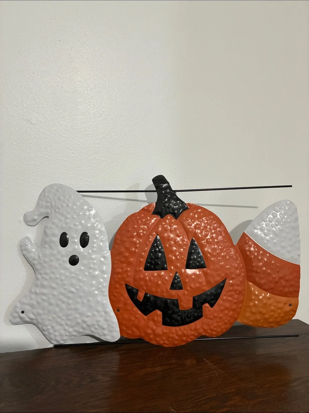 NWT-Metal Halloween Yard Stake Sign w/ Ghost, Jack-o-lantern & Candy Corn 26x20